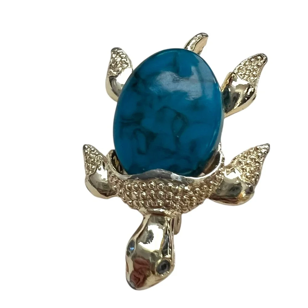 Vintage Gerry's Turtle Brooch‎ Turquoise Cabochon Gold Tone Figural Pin